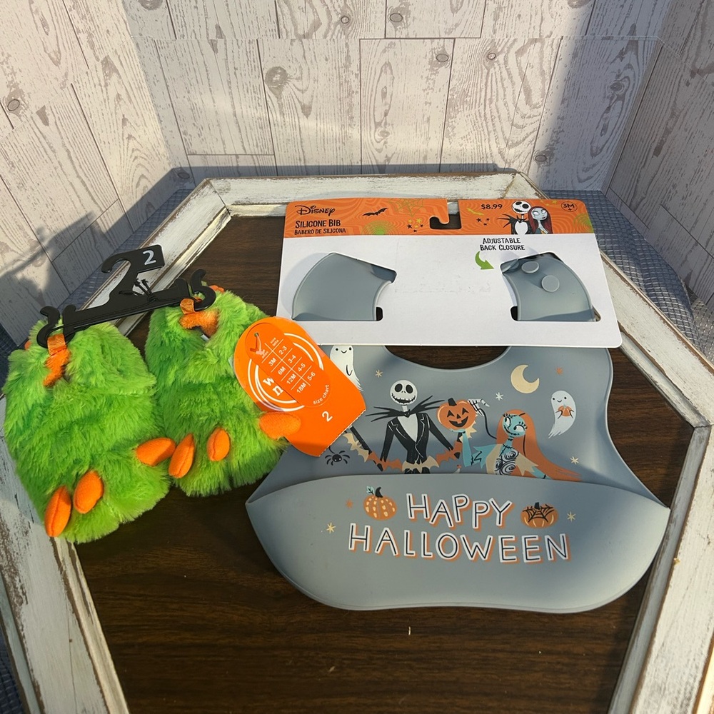 Disney Halloween Gray Bib and Green Monster Feet Set